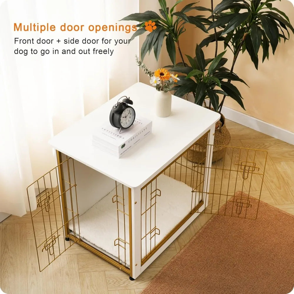 Wooden Dog Crate Furniture With Cushion, Double Doors Kennel Table
