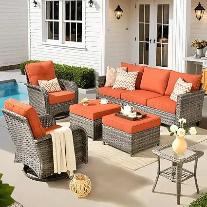 Ovios Patio Wicker Sofa Set With Swivel Chairs Cushions