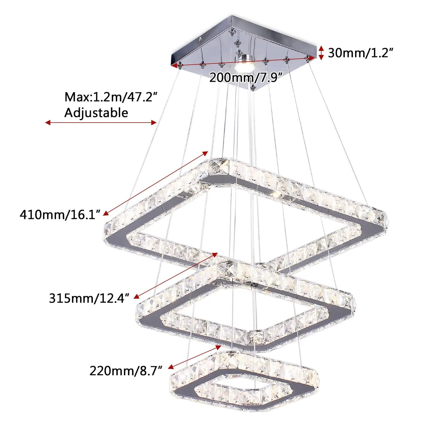 Finktonglan Three Square Rings LED Crystal Pendant Light Dimmable Chandelier