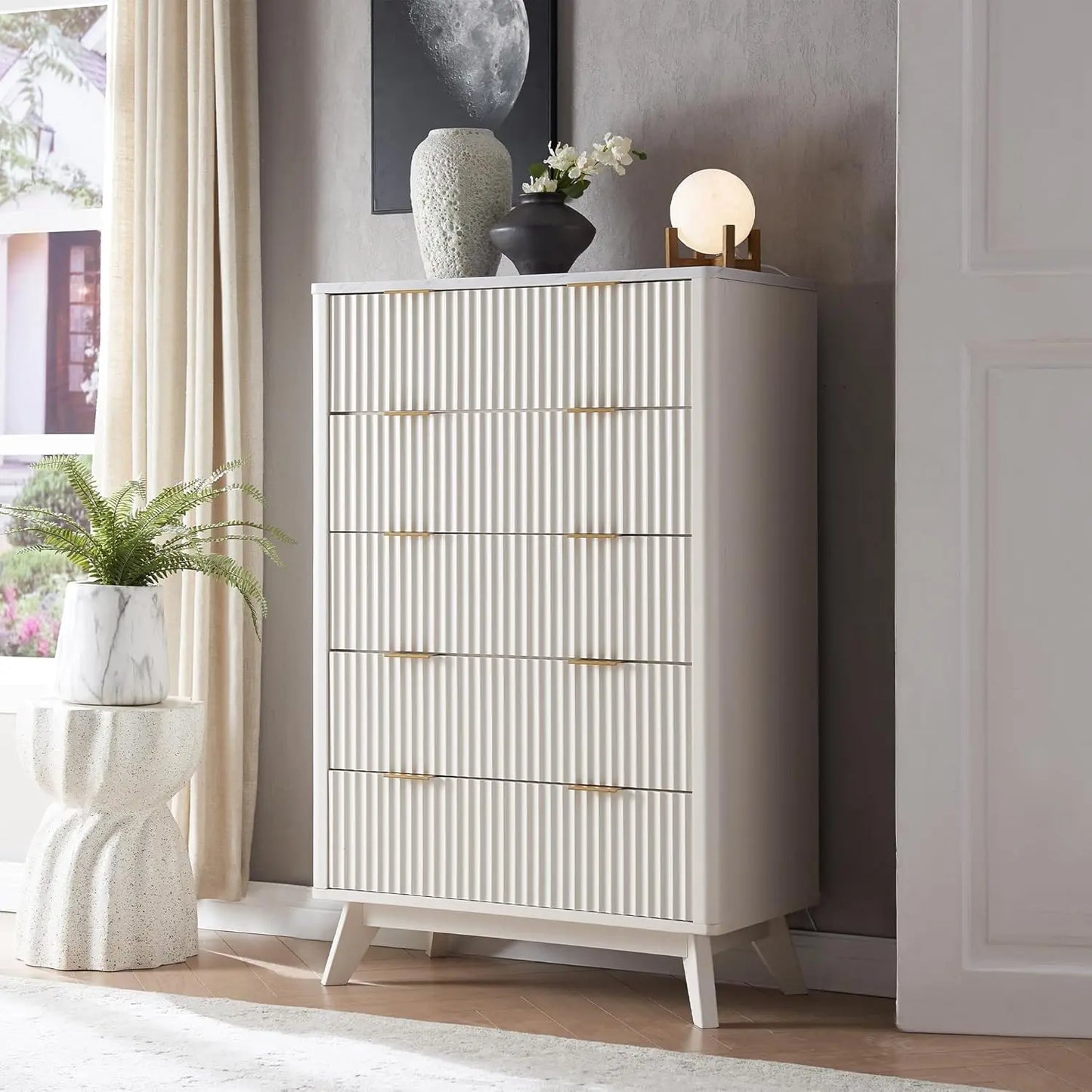 Fluted 5 Drawer Dresser Modern Wooden Chest For Living Room
