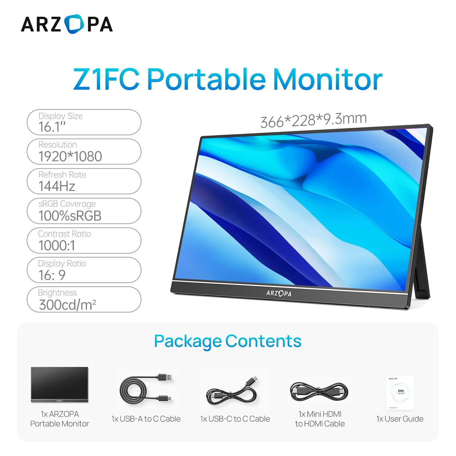 Arzopa Portable 144Hz 100% sRGB Gaming Monitor USB C HDMI