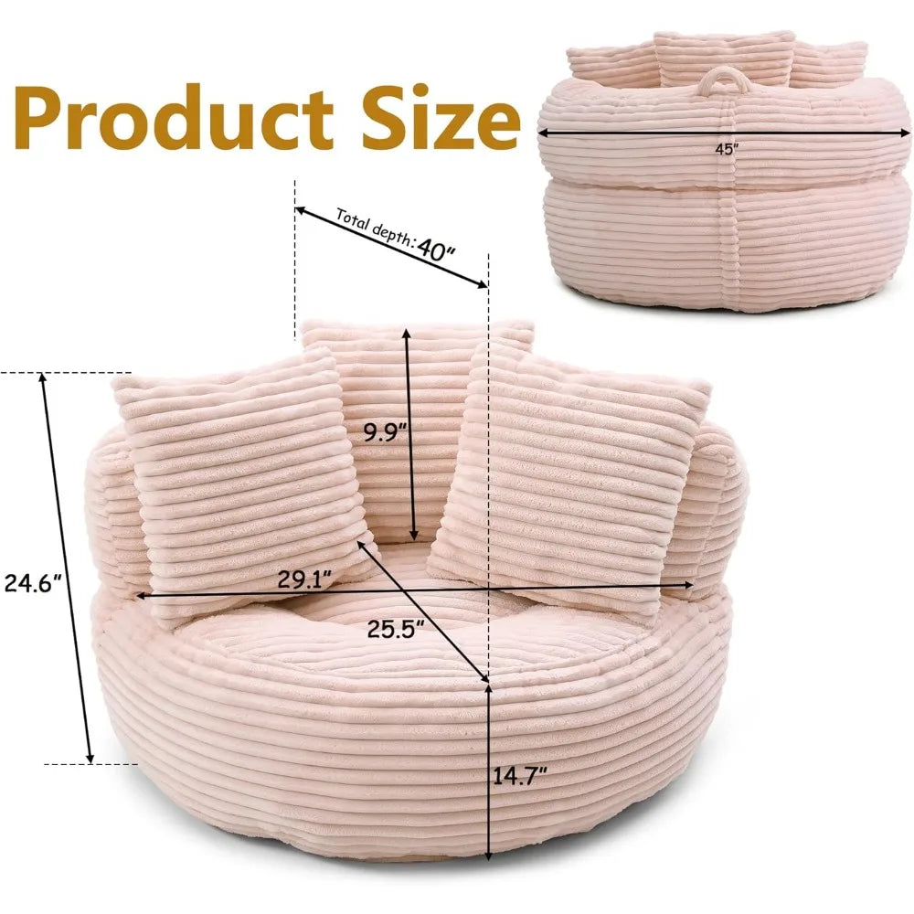 45 Oversized Bean Bag Chair Round with Armrests Corduroy Fabric 3 Pillows Comfy Lazy Sofa for Adults Living Room Bedroom Pink