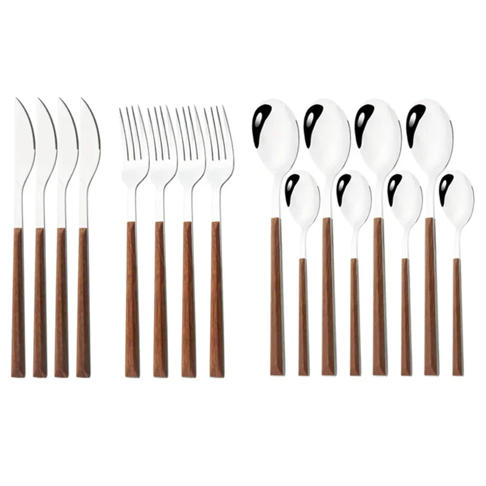 Pinkten 16/24/30Pcs Stainless Steel Imitation Wood Handle Cutlery Set