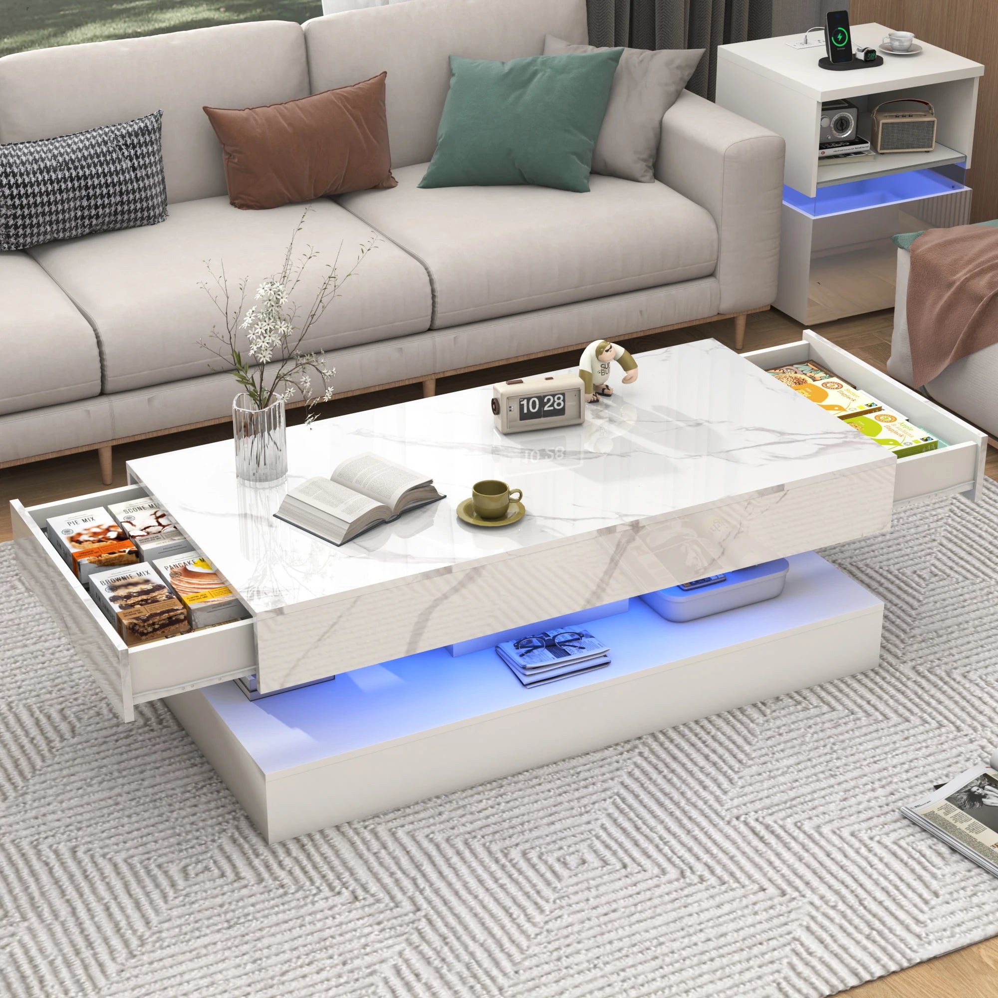 QiaoShiRen Modern Coffee Table With LED Lights Double Layer Storage Drawers