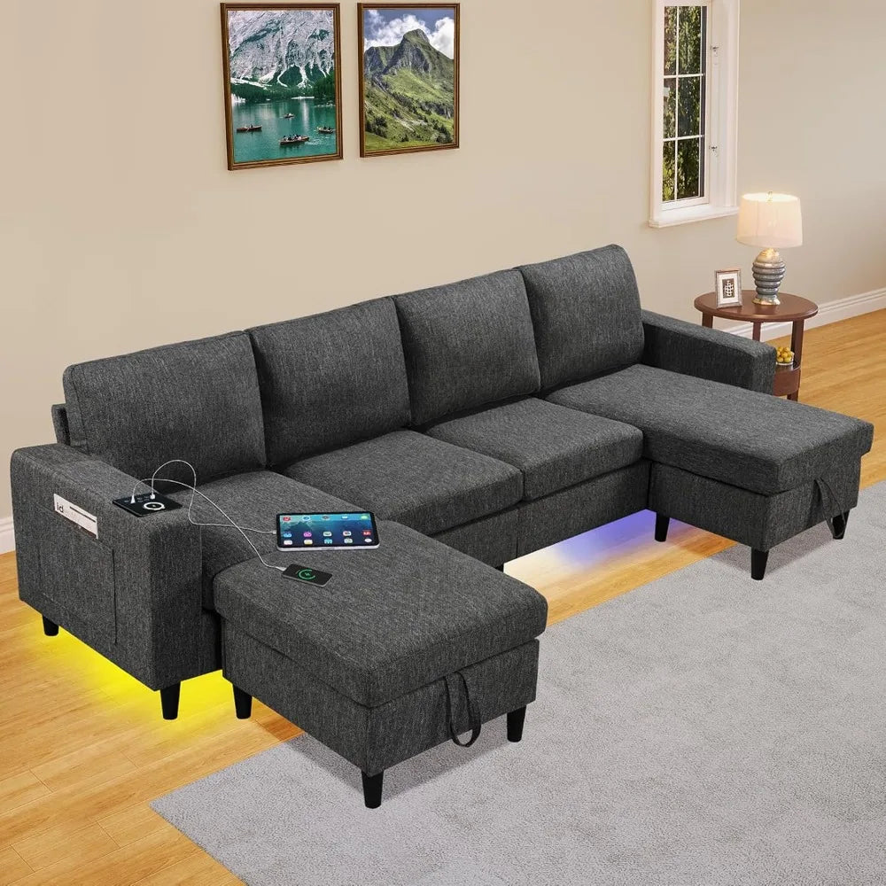 Sectional Couches for Living Room, 6-Seats Soft Linen Fabric Sectional Sofa with Storage Ottoman, Modern Convertible U/L Shaped