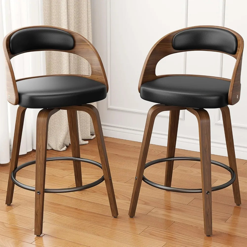 Swivel Bar Stools Set Bentwood PU Leather Mid Century Modern