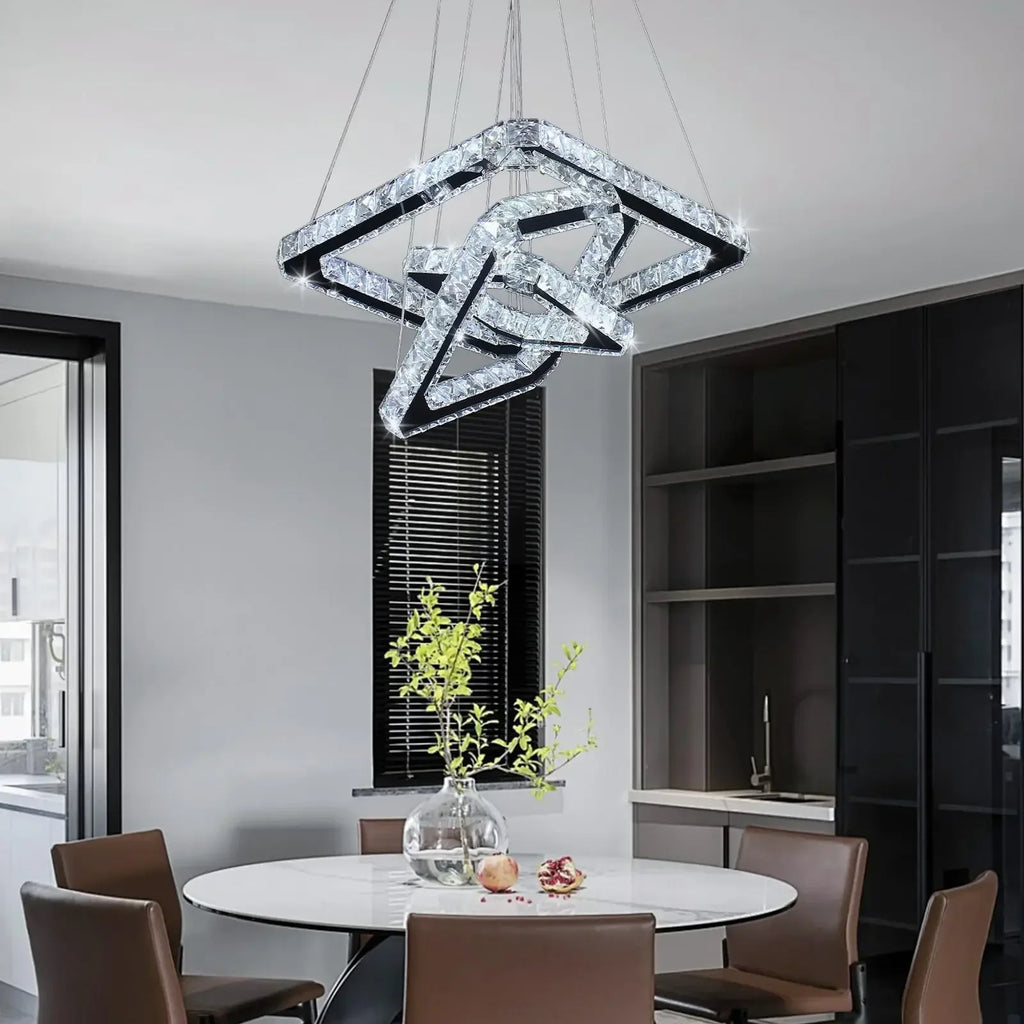 Finktonglan Three Square Rings LED Crystal Pendant Light Dimmable Chandelier