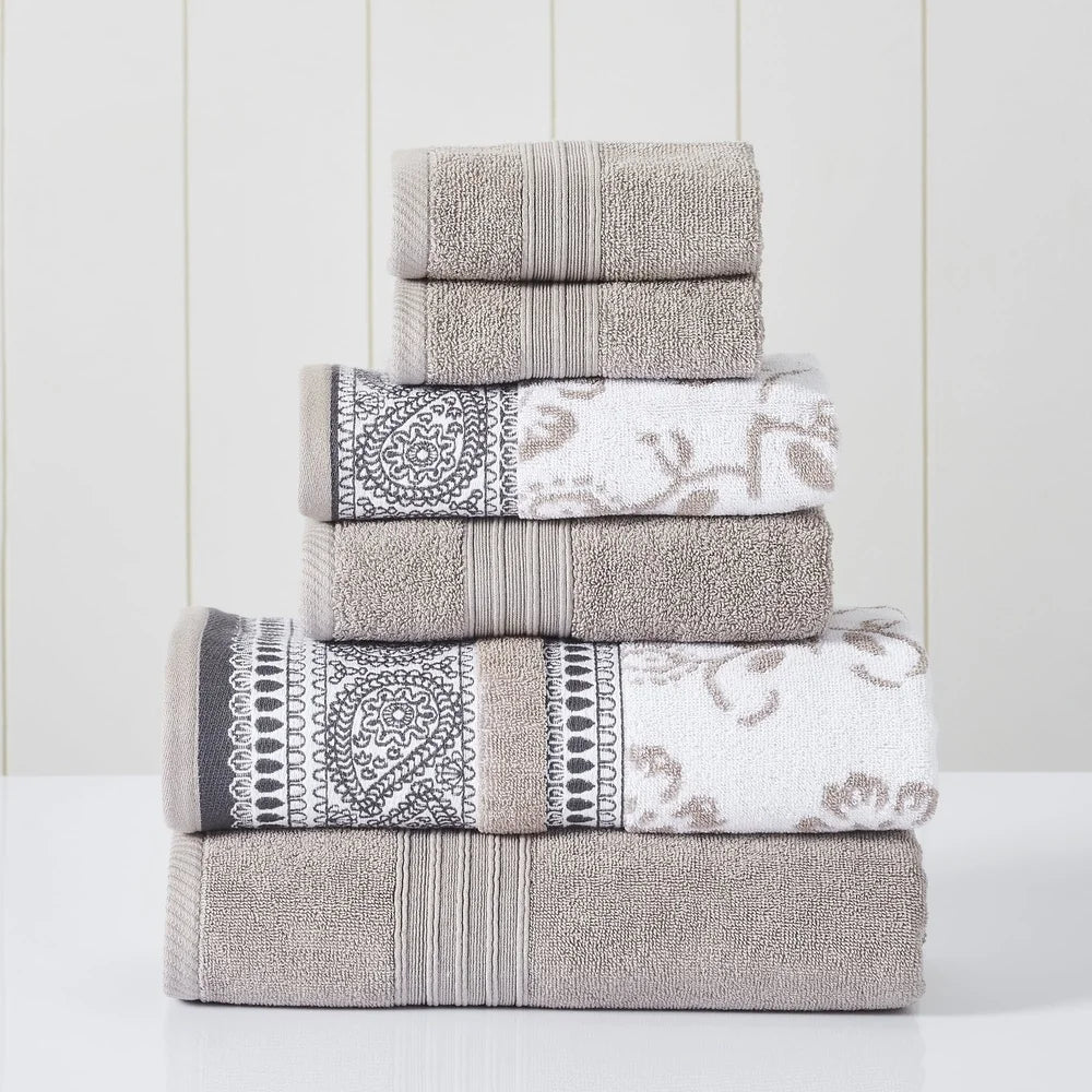 Cotton Bath Towel Set 6-Piece Quick Dry Floral Oeko-Tex Certified