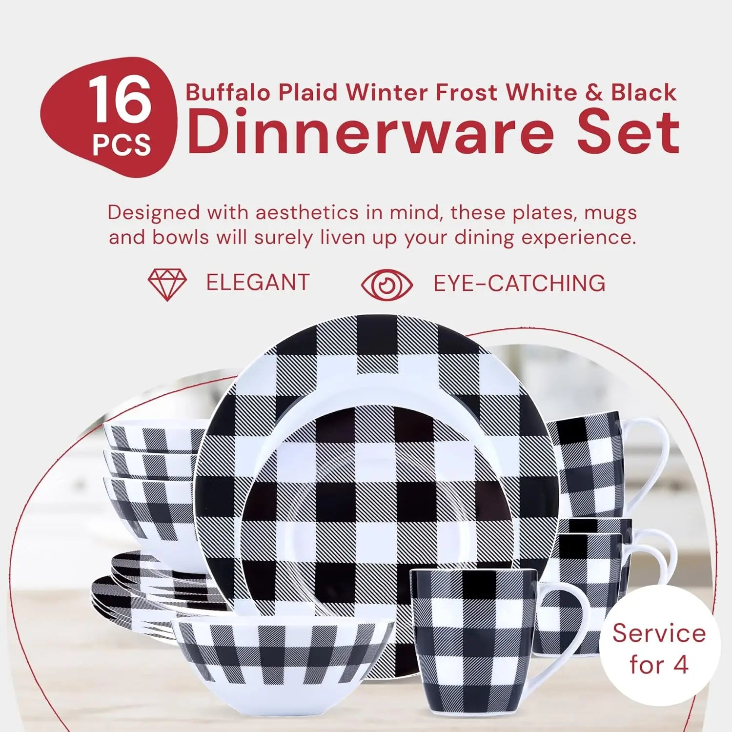 Dishwasher Safe Plaid Dinnerware Set with Mugs for Everyday Use