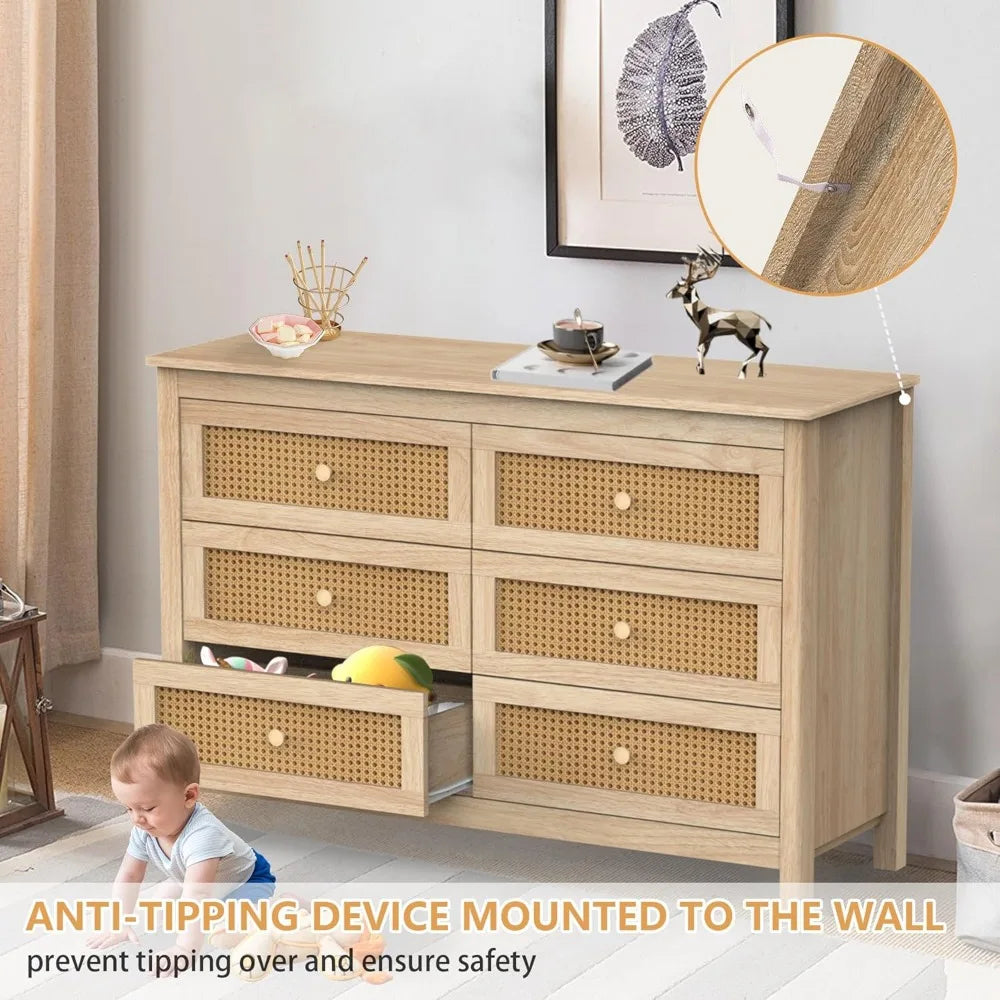 MKDK Boho Rattan Dresser and Nightstands 6 Drawer Set