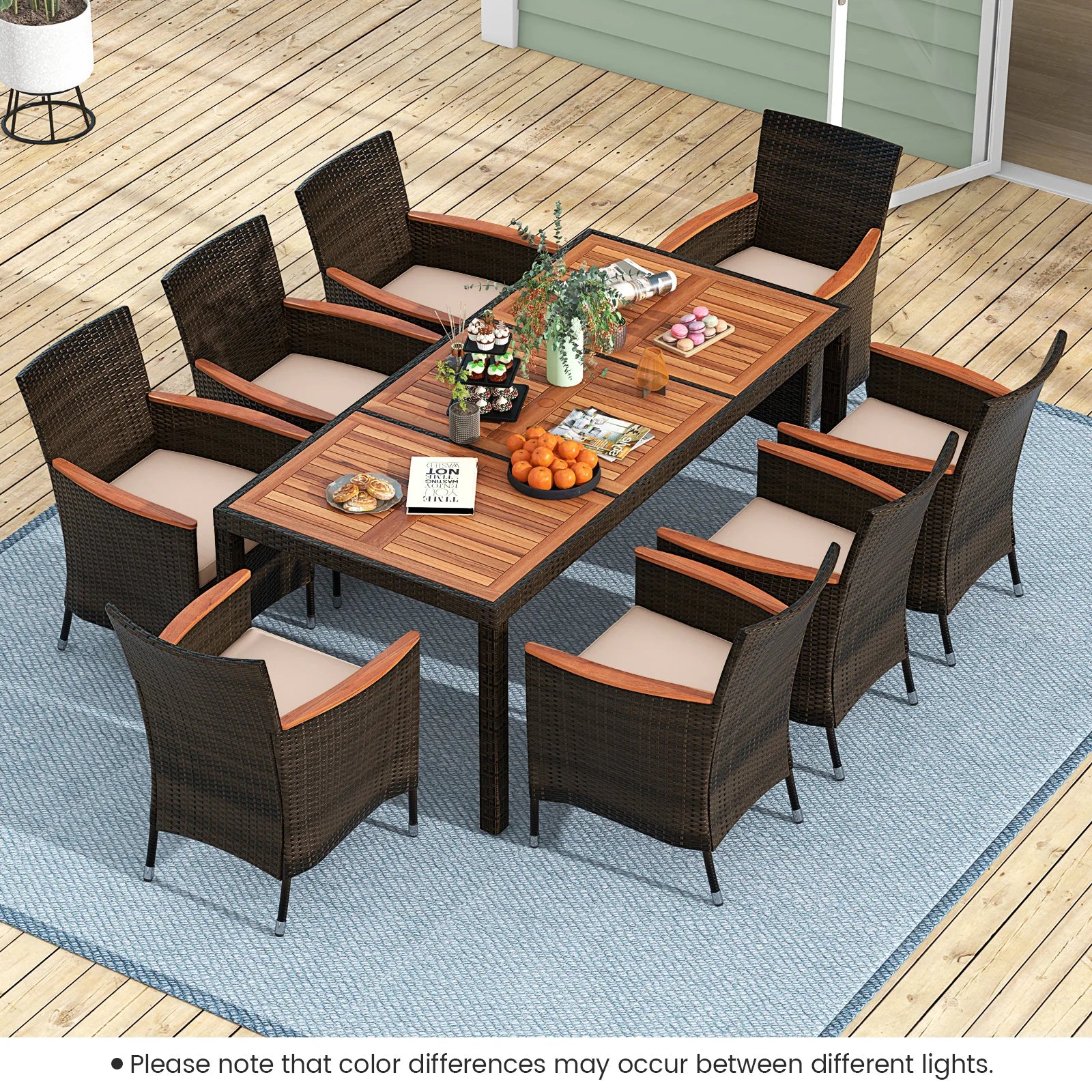 HOMASIS Weather-Resistant 9-Piece Patio Wicker Dining Set With AcaciaWoodTable Cushions