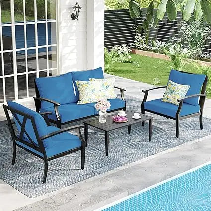 Outdoor Patio Metal Conversation Set With Sofa Loveseat Table