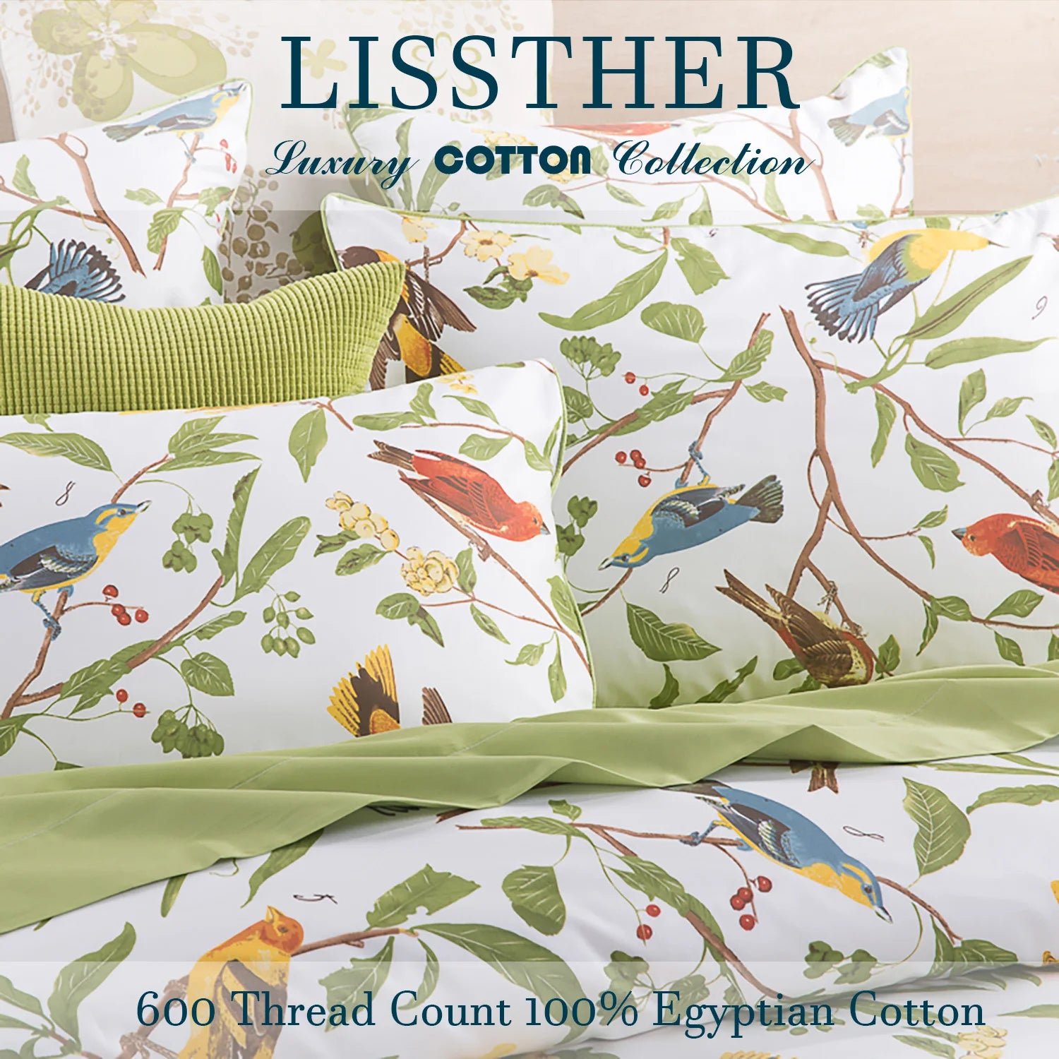 LISSTHERCN 3Pc Egyptian Cotton Duvet Cover Set Bird Floral