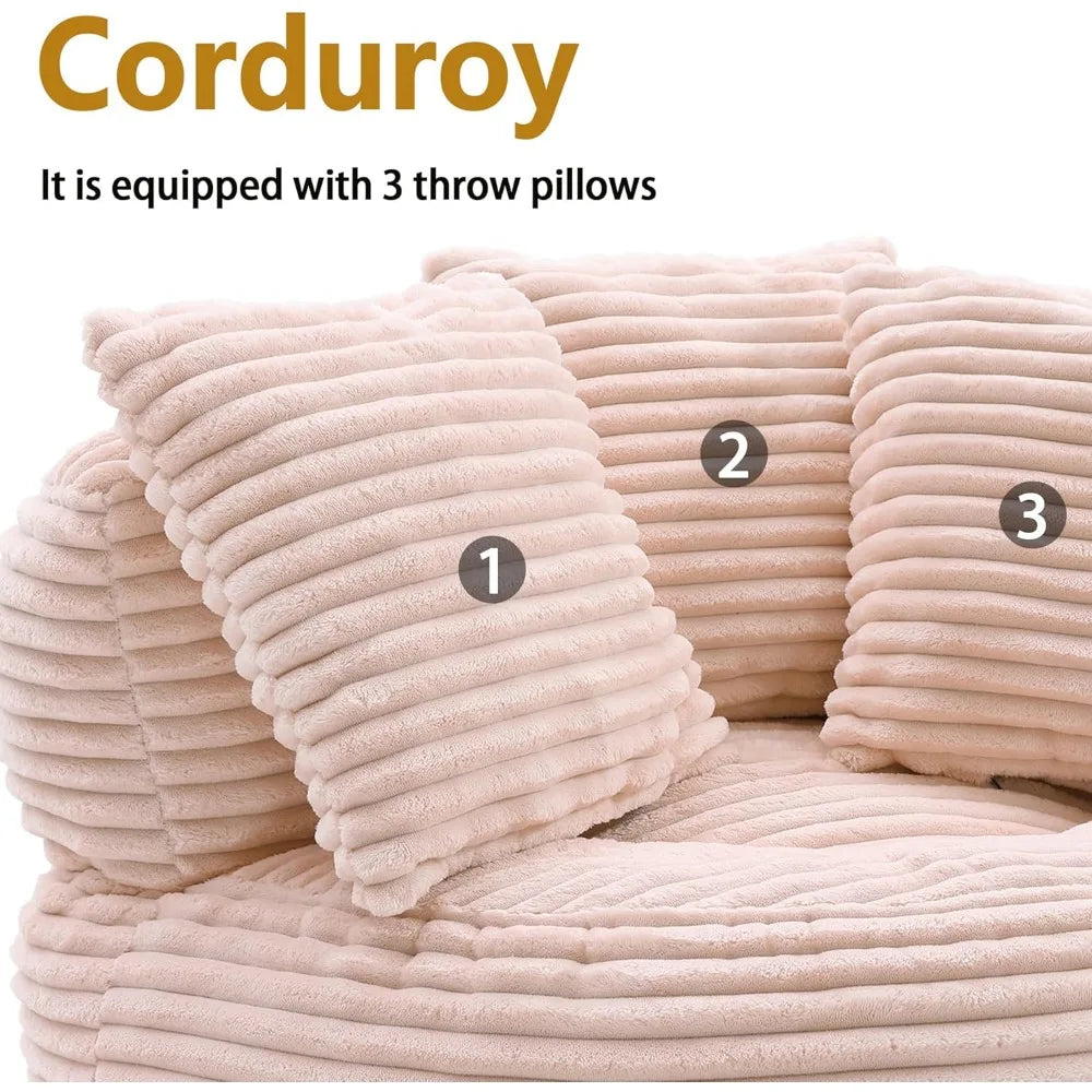 45 Oversized Bean Bag Chair Round with Armrests Corduroy Fabric 3 Pillows Comfy Lazy Sofa for Adults Living Room Bedroom Pink