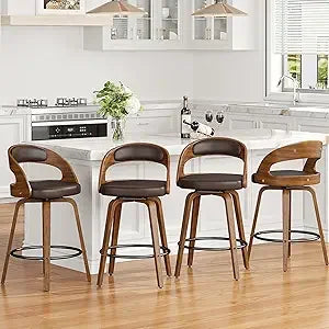 Swivel Bar Stools Set Bentwood PU Leather Mid Century Modern