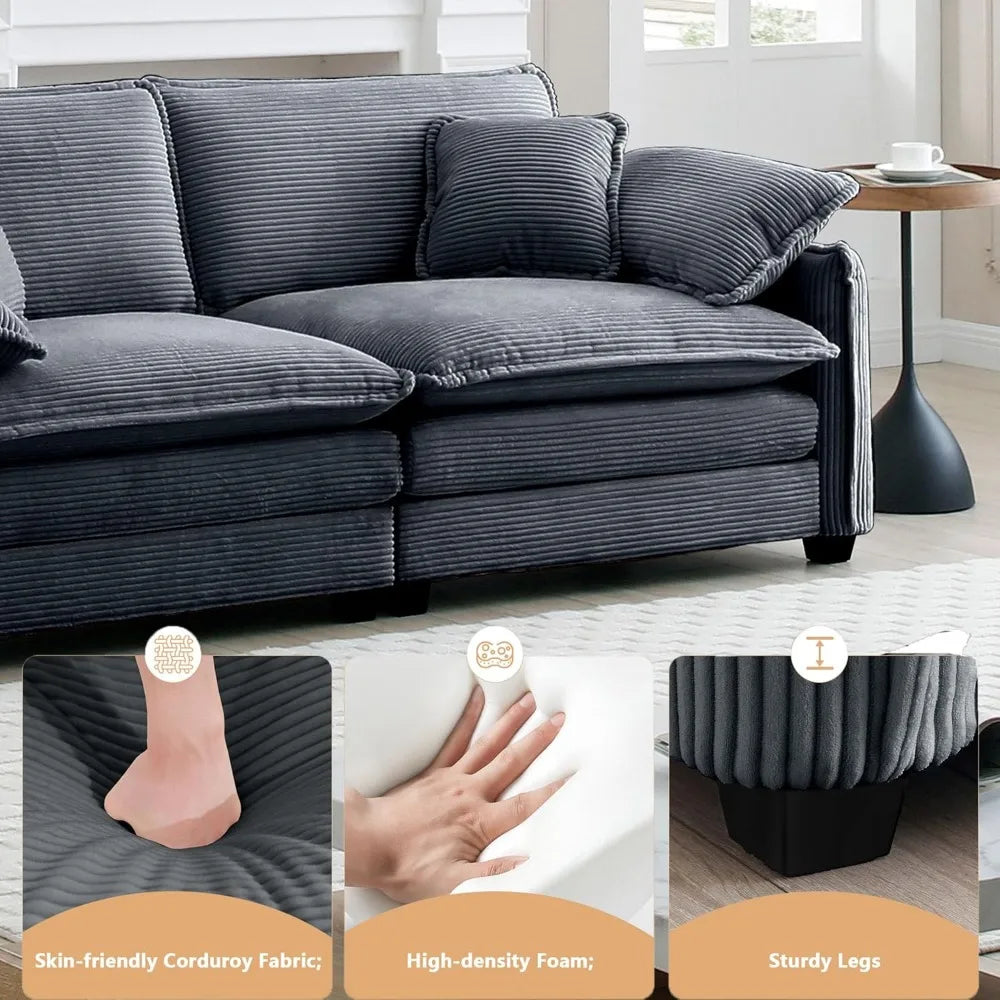 Modern Modular Sectional Sofa Corduroy Loveseat Sofa with Movable Ottoman,81” Comfy Cloud Deep Seat L-Shaped Couches with
