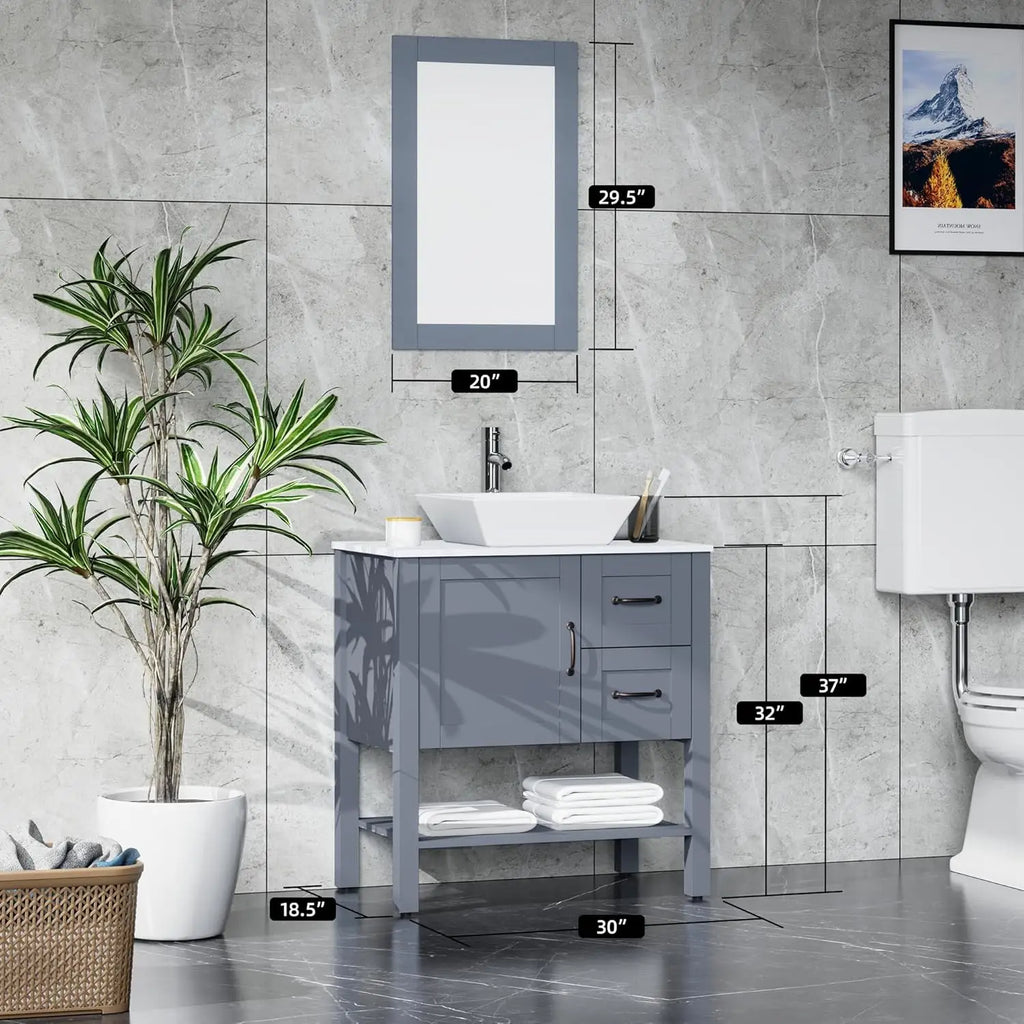 30" Gray Bathroom Vanity Sink Combo Modern Single Vessel Sink Bathroom Cabinet with 2 Drawer, Chrome Faucet, Drain, Mirror, Free