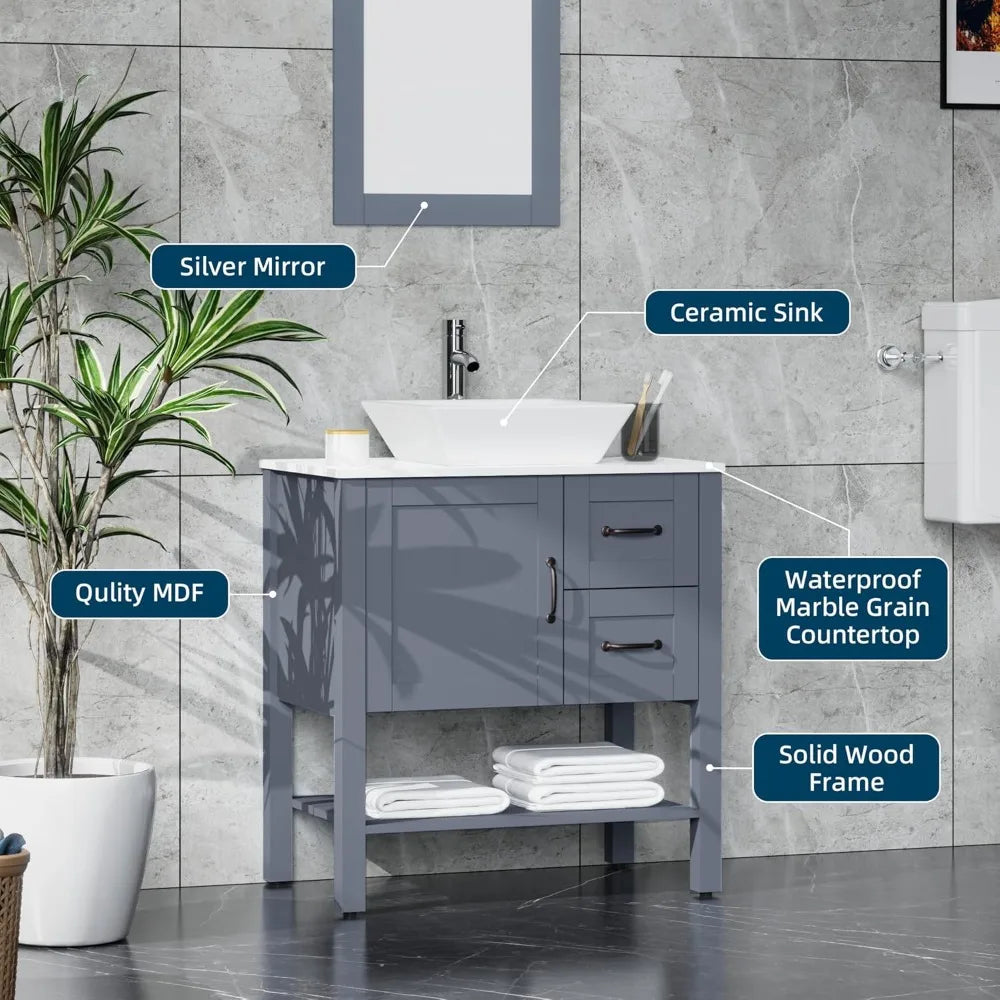 30" Gray Bathroom Vanity Sink Combo Modern Single Vessel Sink Bathroom Cabinet with 2 Drawer, Chrome Faucet, Drain, Mirror, Free