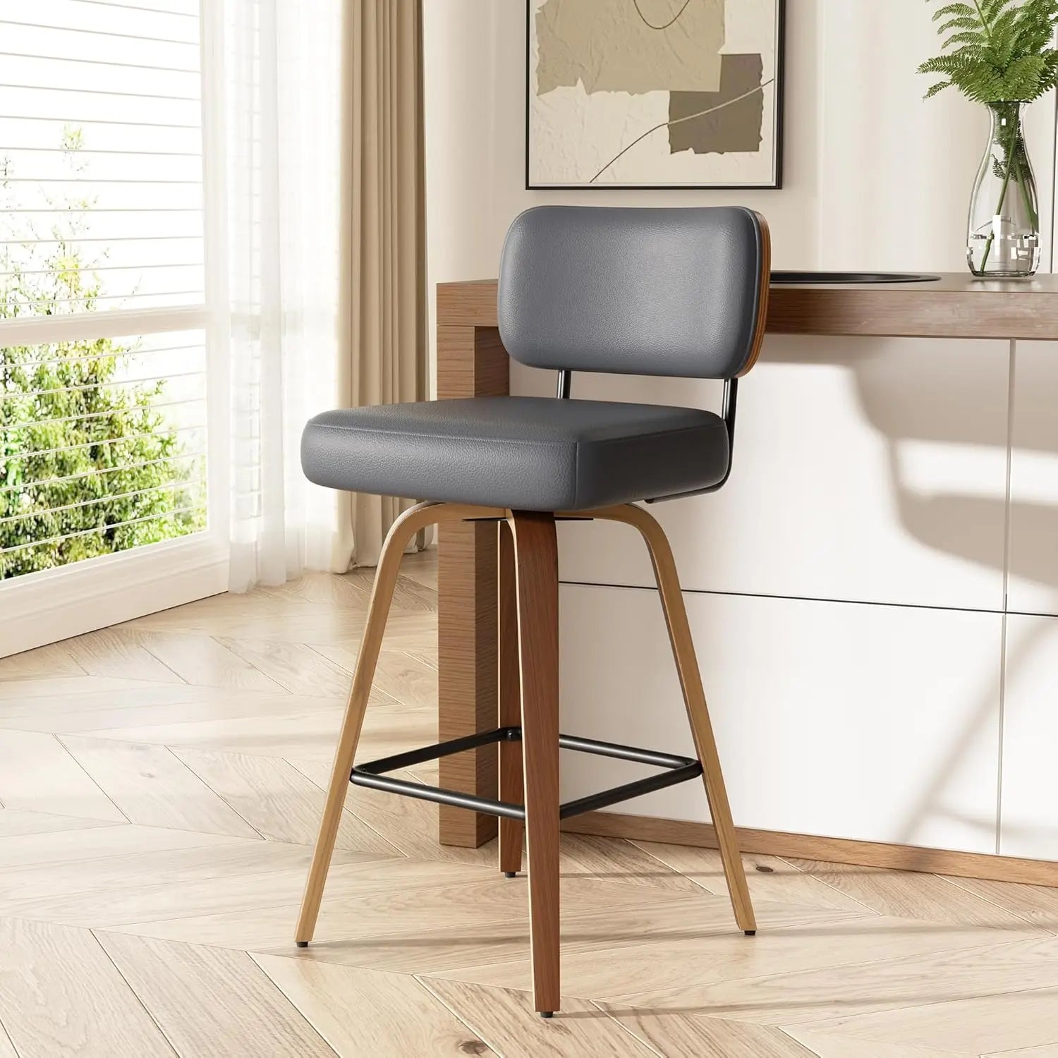 Tongyue Swivel Bar Stools Set 2 Upholstered Faux Leather