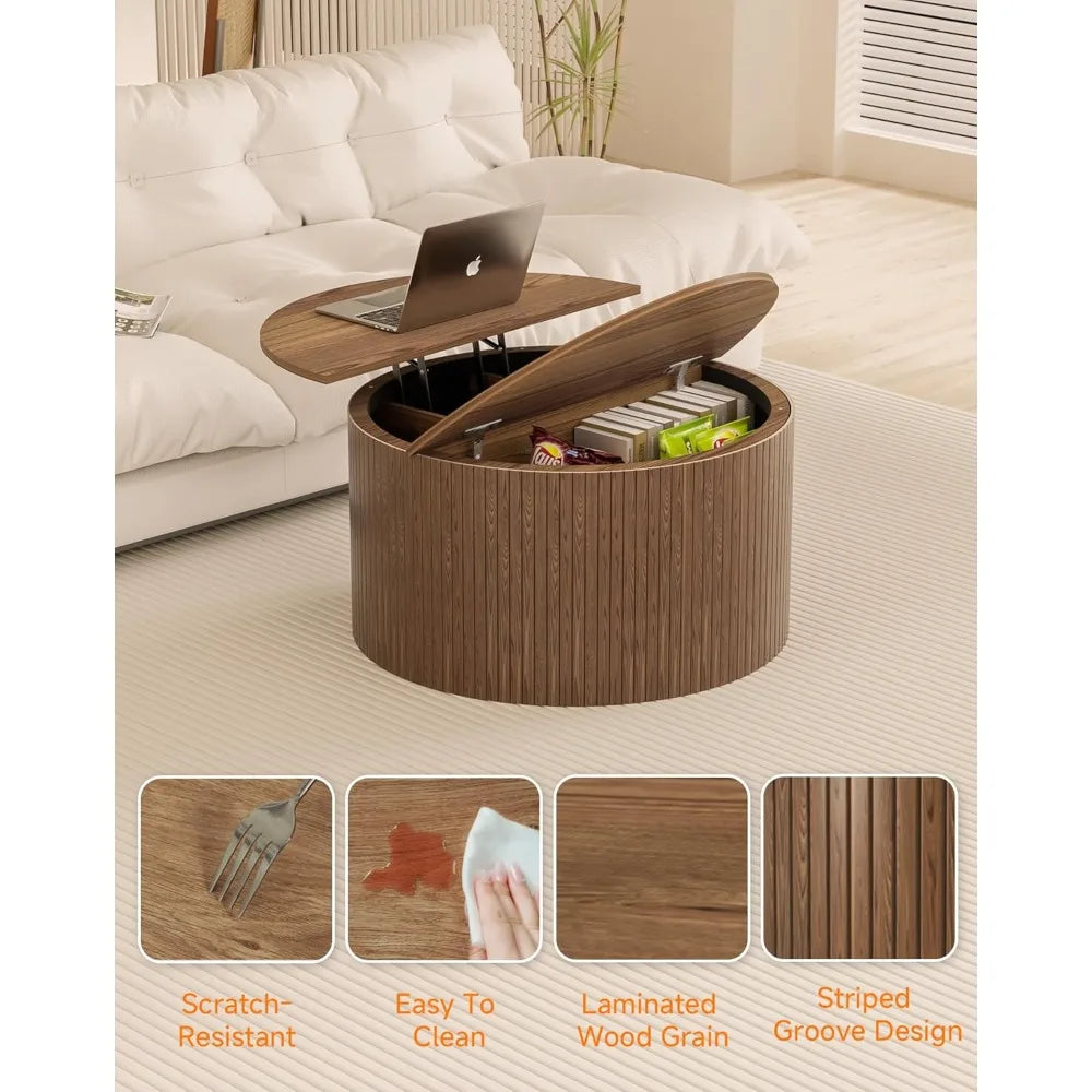 Fluted Round Lift Top Coffee Table With Storage Walnut