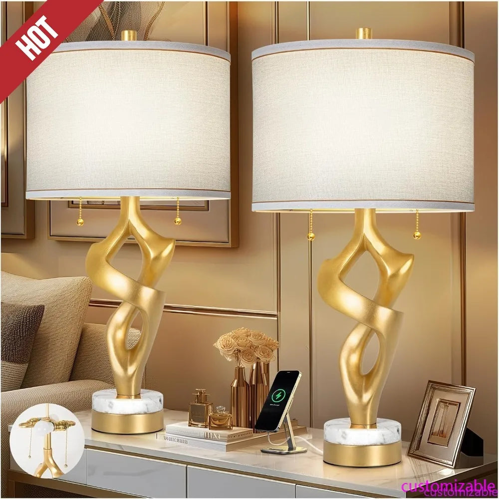 Customizable-Scenekoy Sculptural Table Lamp Set Of 2 For Living Room With Marble Base & USB Ports, Gold Leaf Finish Rustic Bedsi